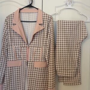 Pink and Brown Houndstooth statement Cotton blazer and pants suit Set